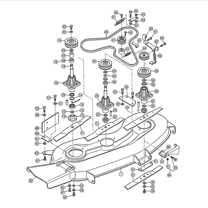Exploded diagram of a mower cutter deck: deck shell, spindles, blades, drive belt, pulleys and mounting hardware